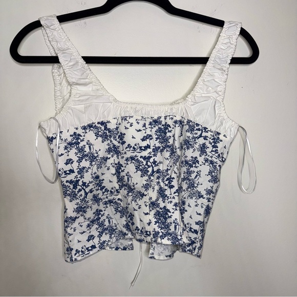 H&M LACING-DETAIL COTTON BUSTIER TOP Floral Lace-Up Blue and White Women's Top - Picture 4 of 4